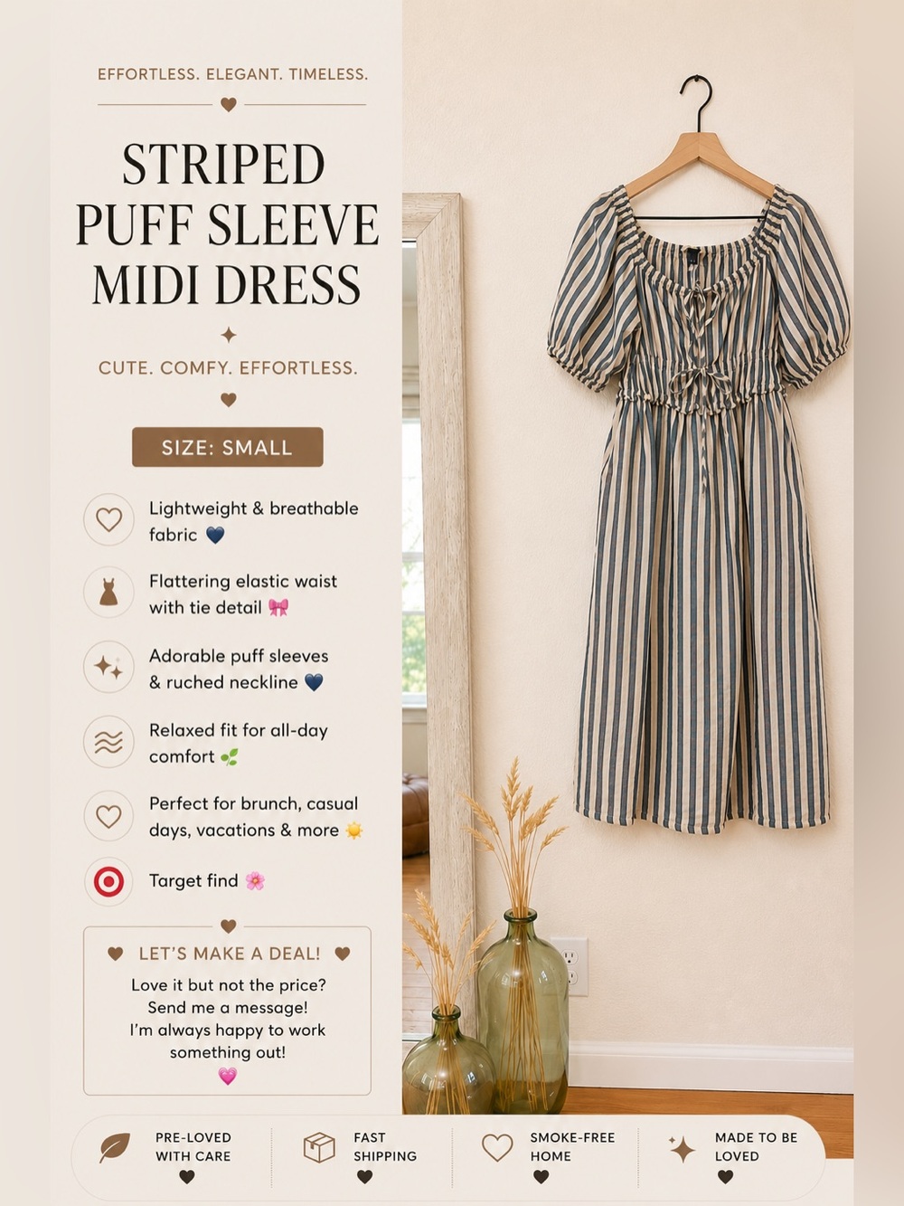 🤍💙 Target Striped Puff Sleeve Midi Dress
✨ Size Small